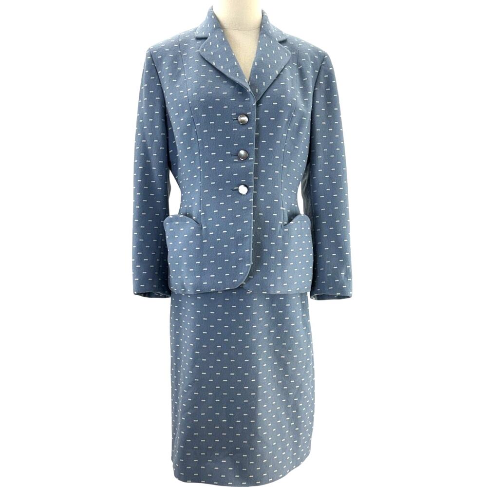 Vintage 80s Women's Medium Slate Blue Wool Blend Skirt Suit Polka Dot Career Set